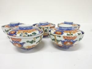 古伊万里　染錦　蓋物碗　5客